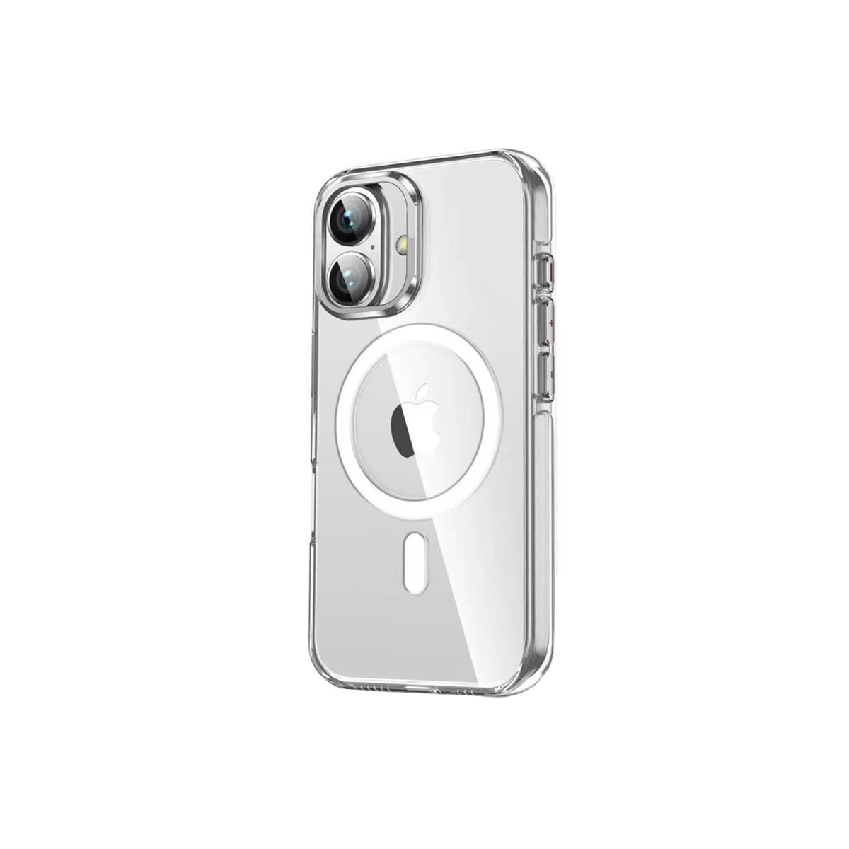 Beyaz arka planda kameralı ve Apple logolu şeffaf iPhone kılıfı.