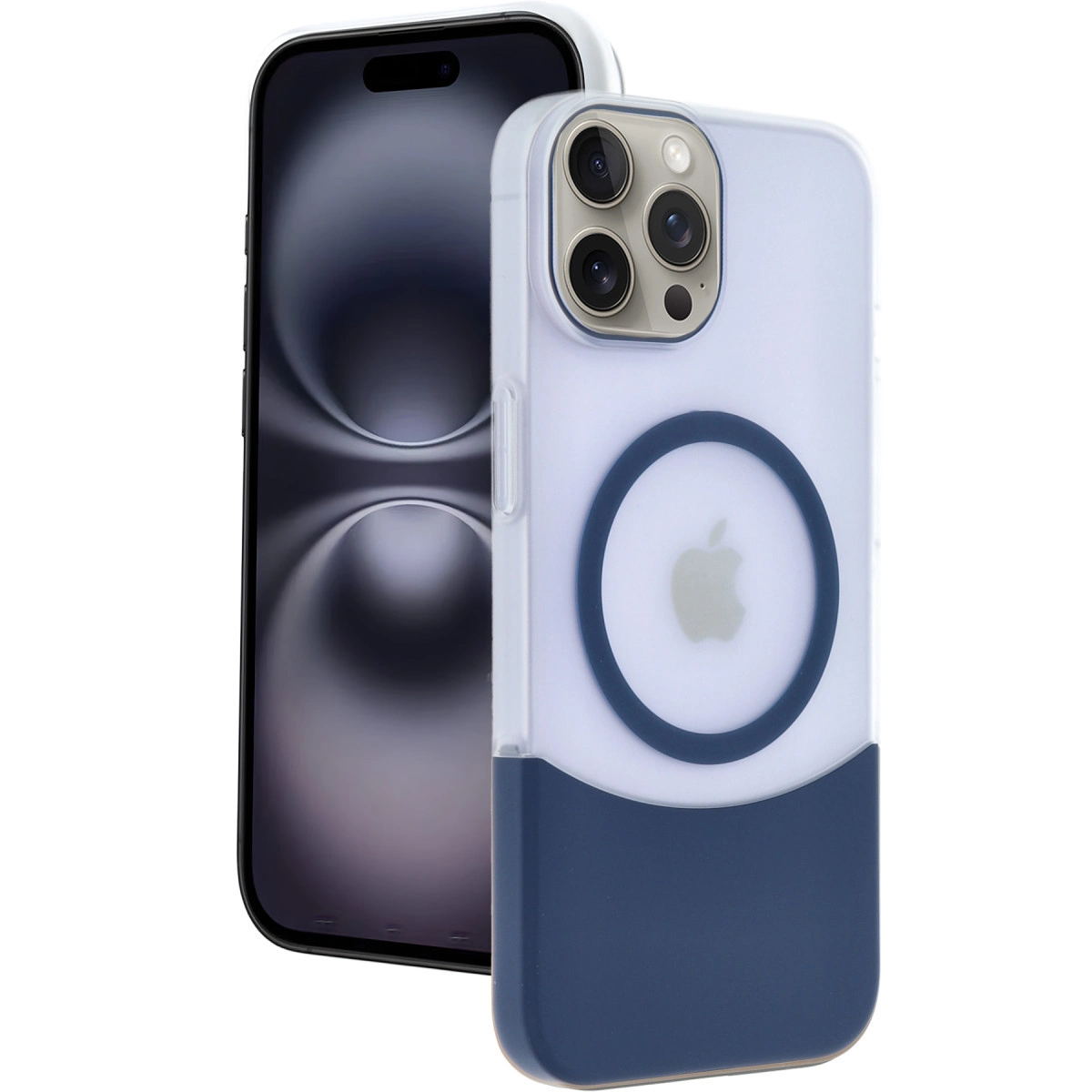 Mavi alt kısmı ve MagSafe halkası olan şeffaf telefon kılıfı bir iPhone'u çevreler.