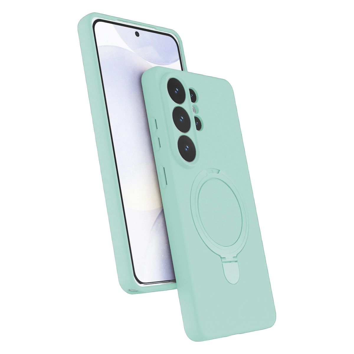 Nane yeşili telefon, kılıfı ve halka tutucusuyla.