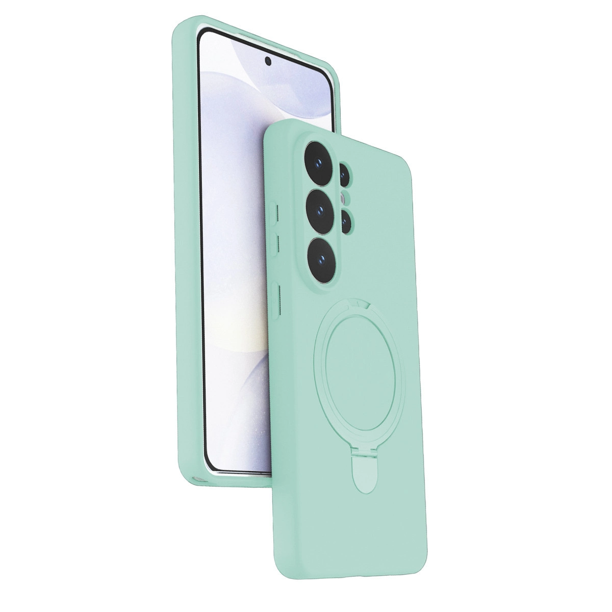 Halka tutuculu nane yeşili telefon kılıfı bir akıllı telefonun yanında.