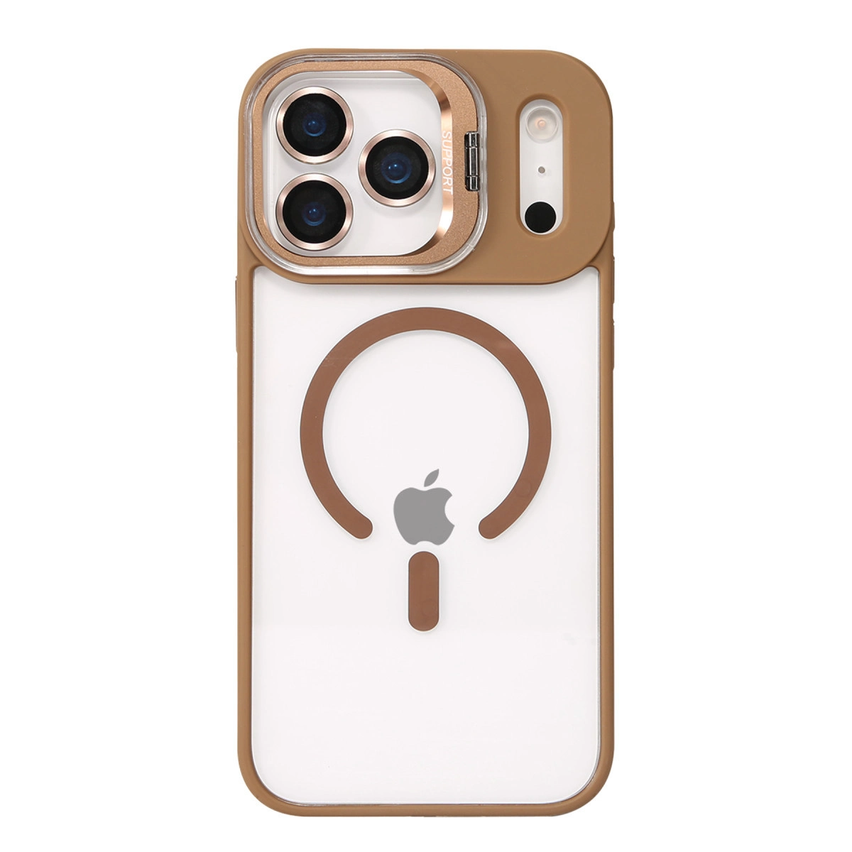 Üç kameralı ve Apple logosu desenli kahverengi telefon kılıfı.