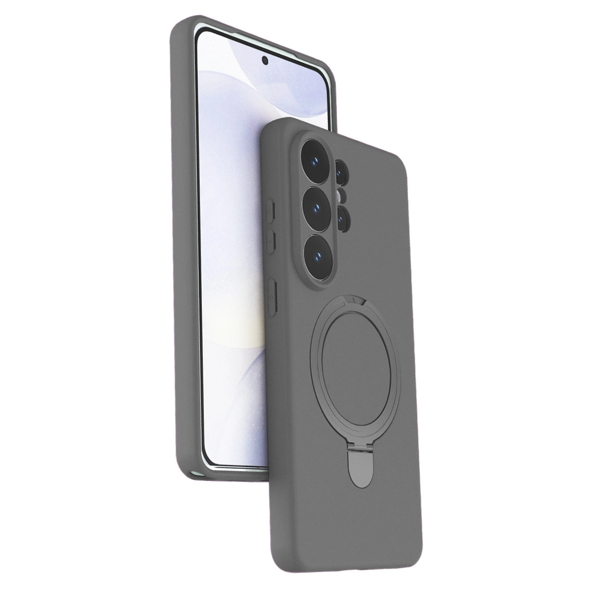 Akıllı telefonda halka tutuculu ve kamera çıkıntılı gri telefon kılıfı.