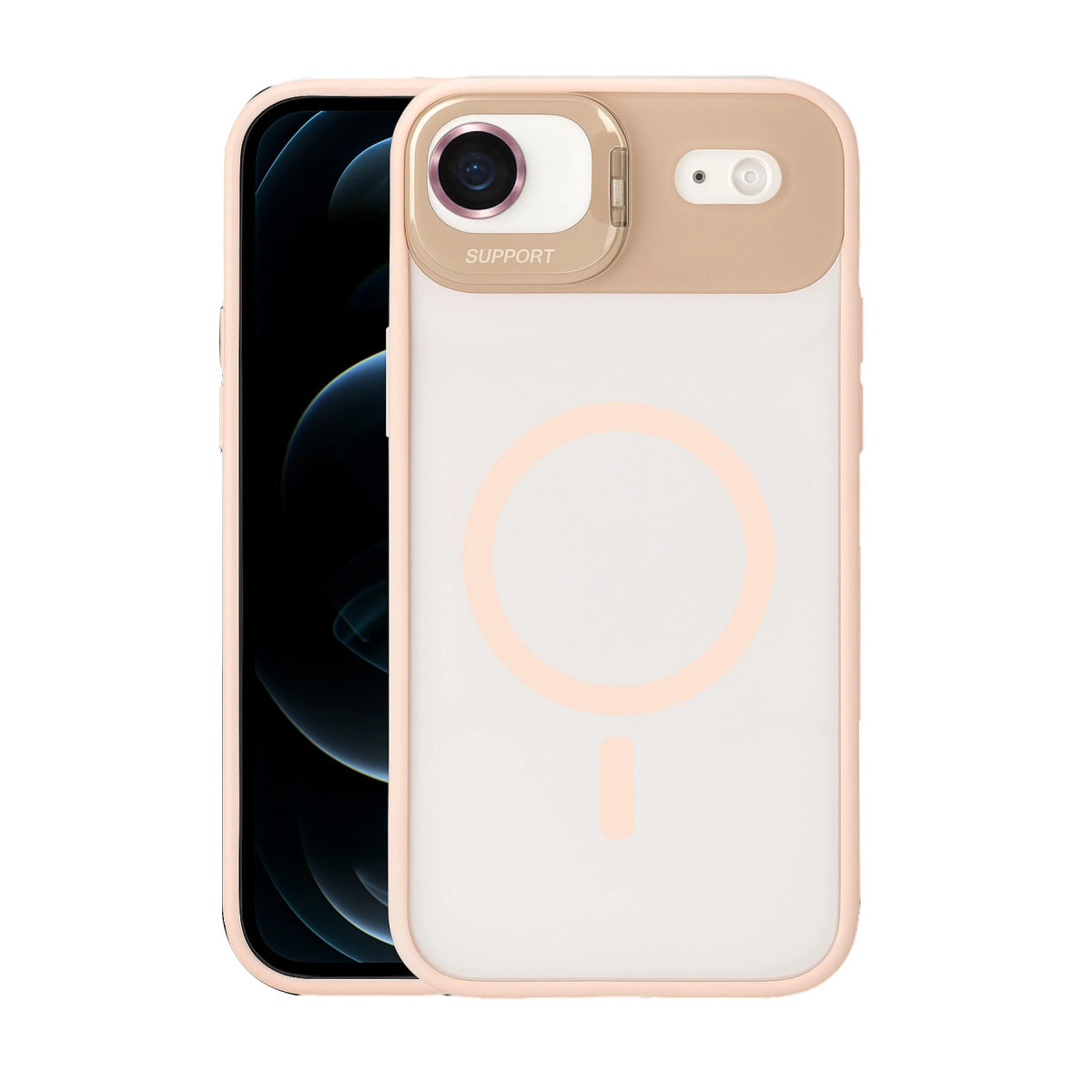 Kameraları ve logoyu kapatan koruyucu kılıflı pembe bir iPhone.