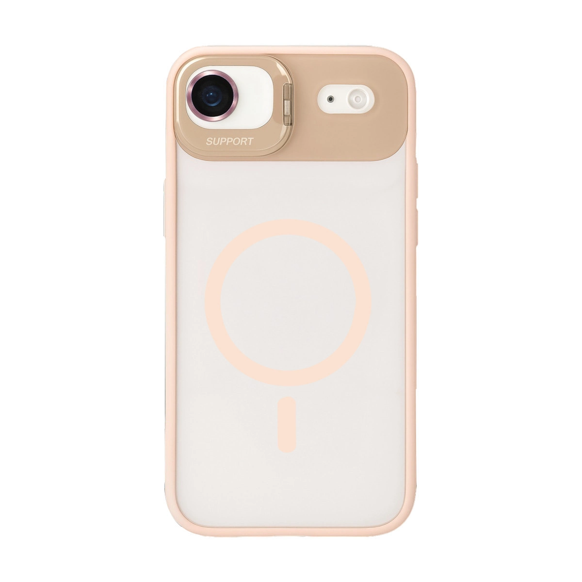 Kamera yuvası ve manyetik halkalı pembe telefon kılıfı.