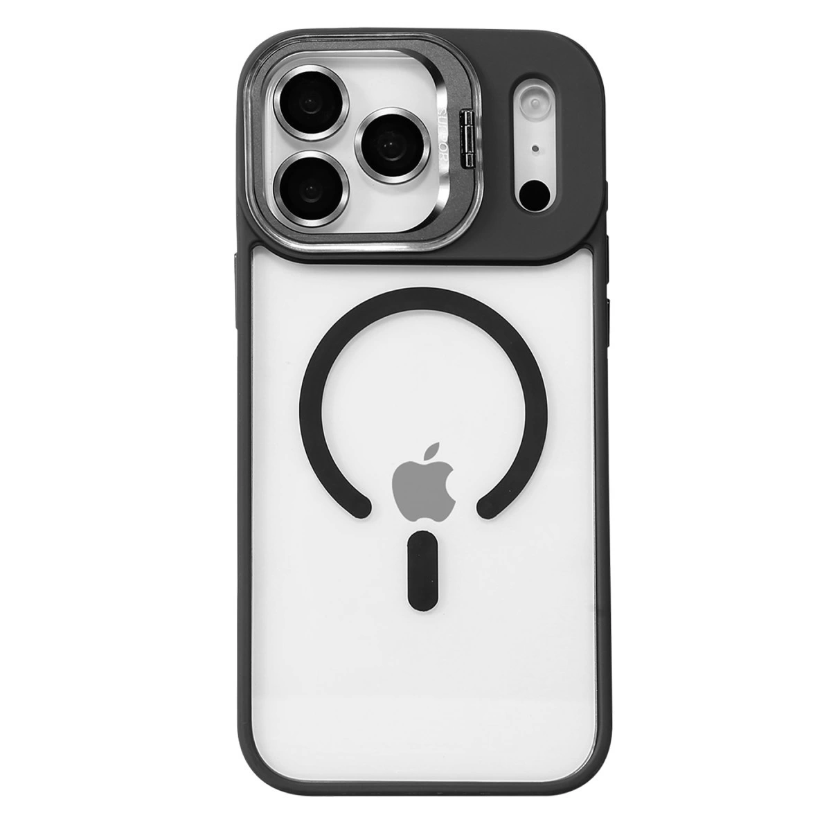 Üç kamera lensli ve Apple logolu siyah iPhone kılıfı.
