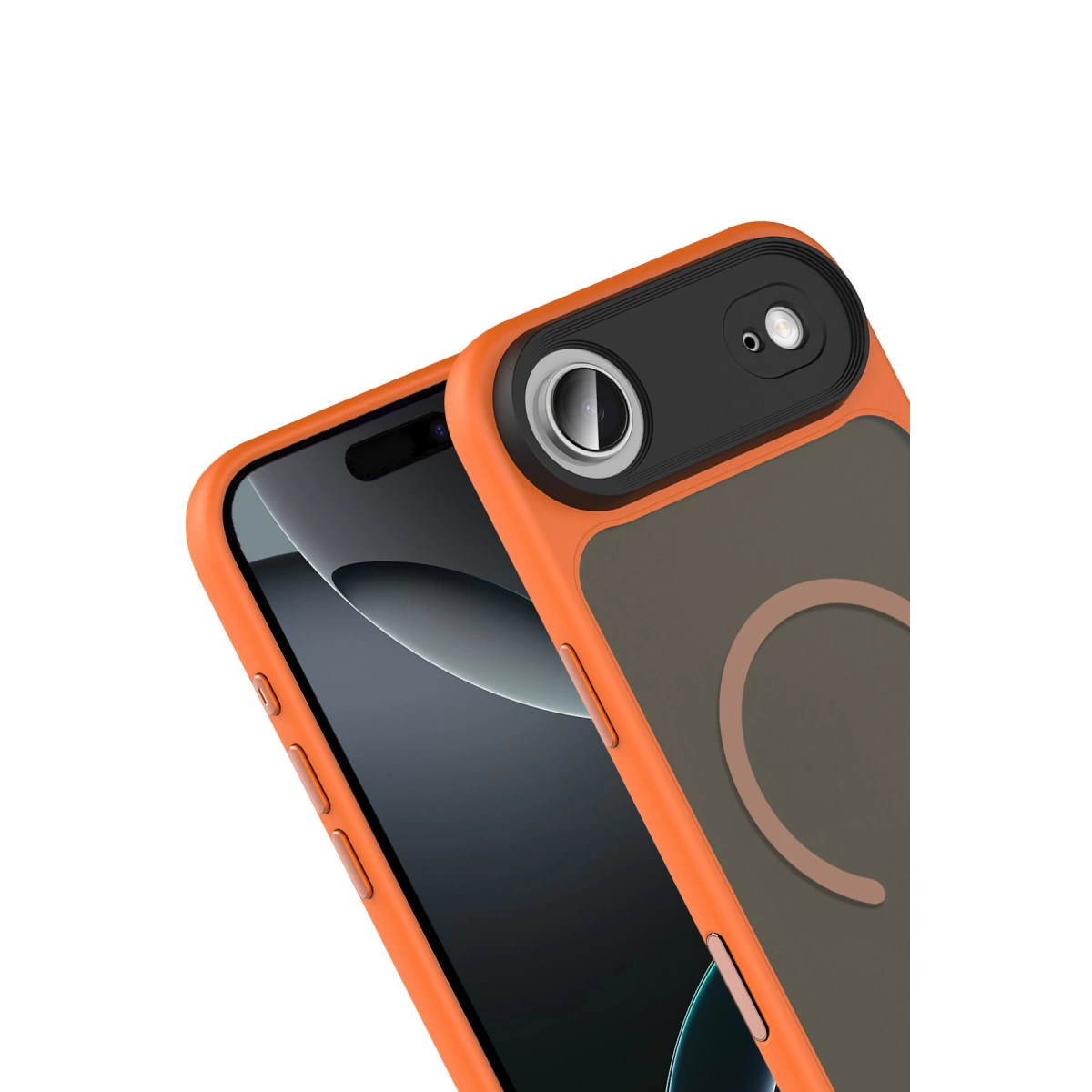 Ekranın bir kısmı ve koyu kamera modülü olan turuncu telefon kılıfı.