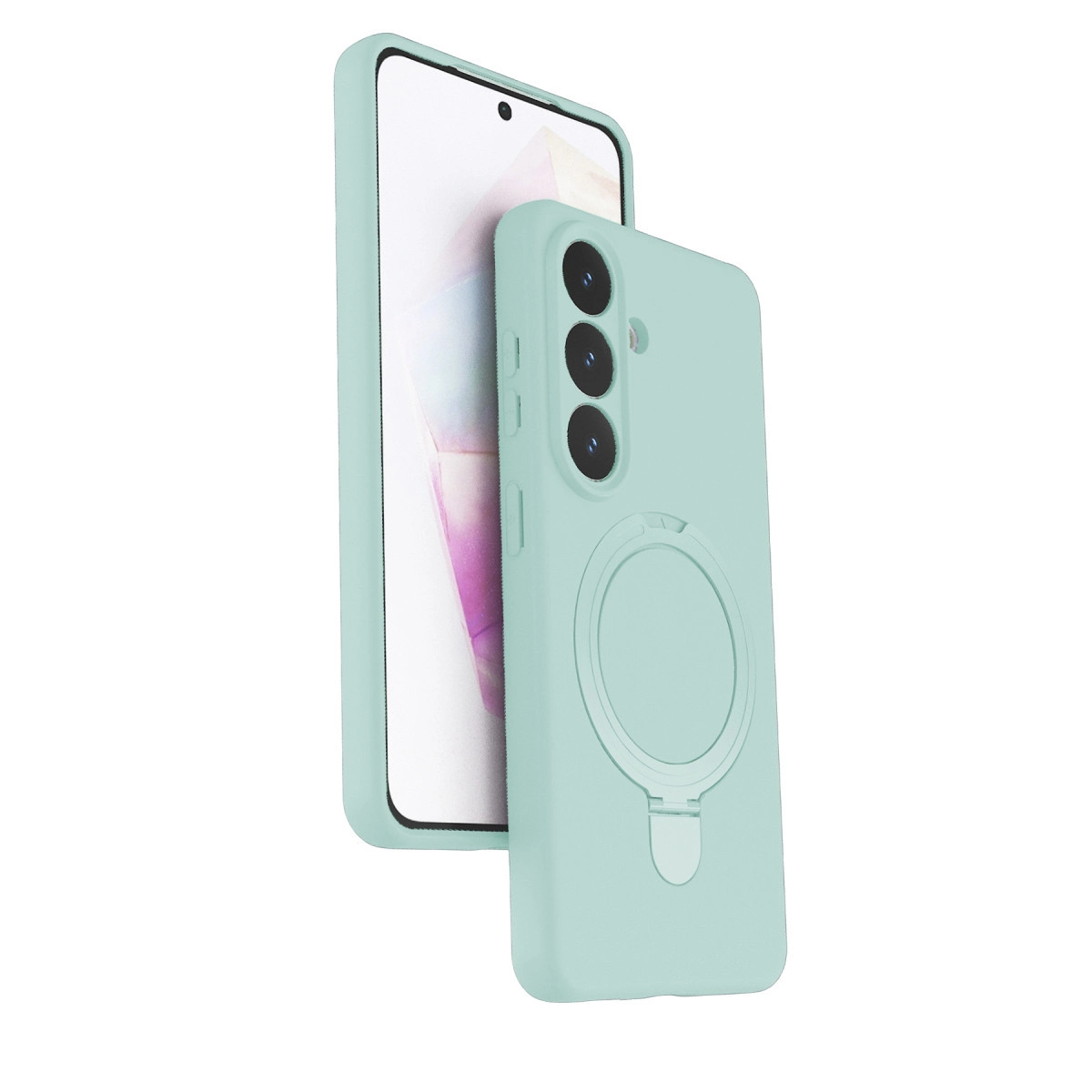 Halka standlı ve üçlü kamera çıkıntılı açık yeşil telefon kılıfı.