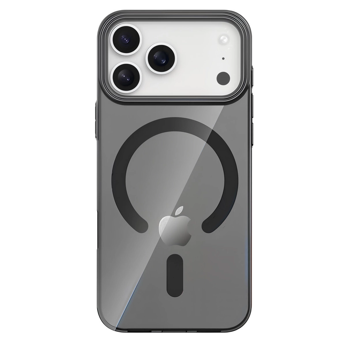 Üç kameralı ve Apple logolu şeffaf iPhone kılıfı.