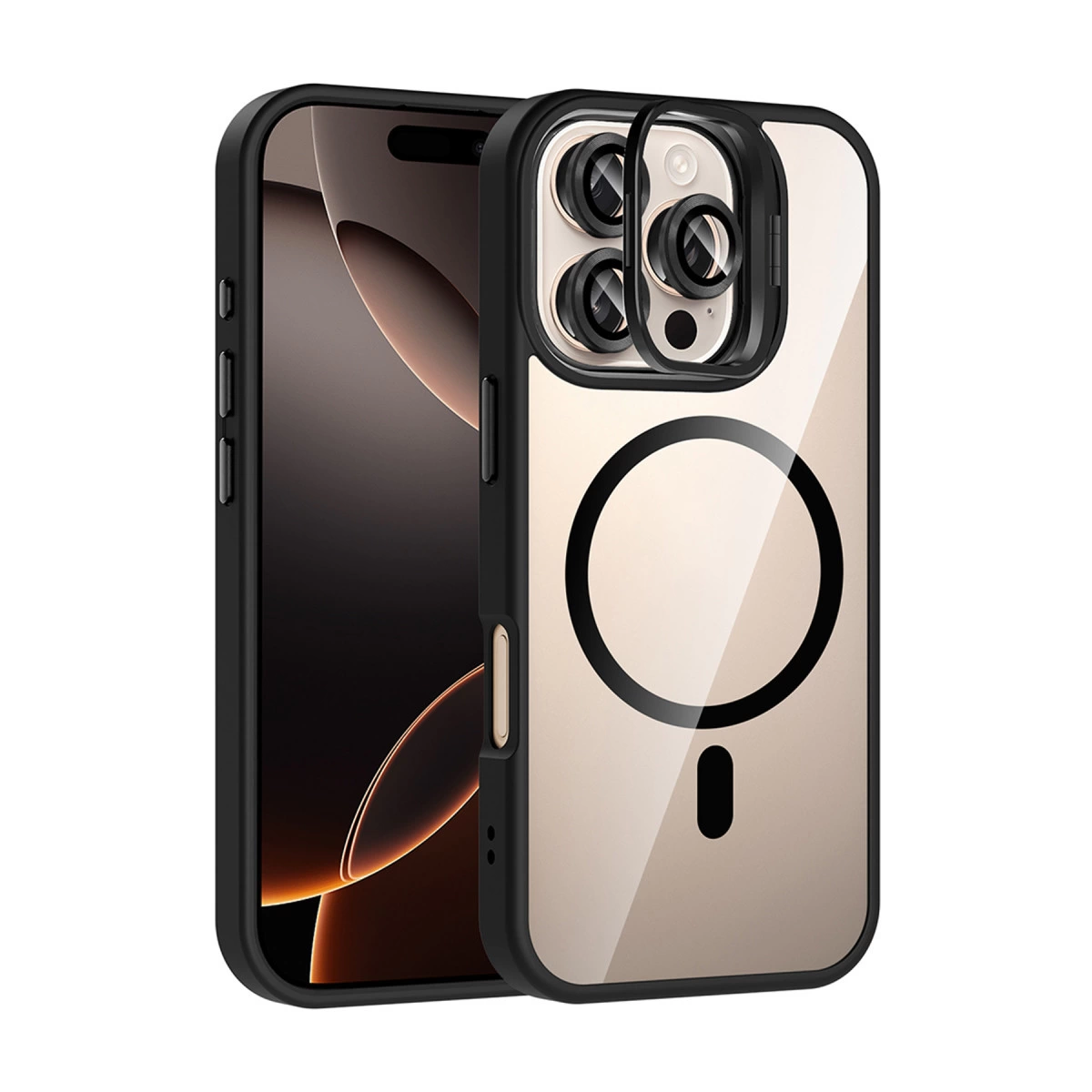 Mıknatıslı halka ve kamera koruyuculu şeffaf kılıflı siyah iPhone.
