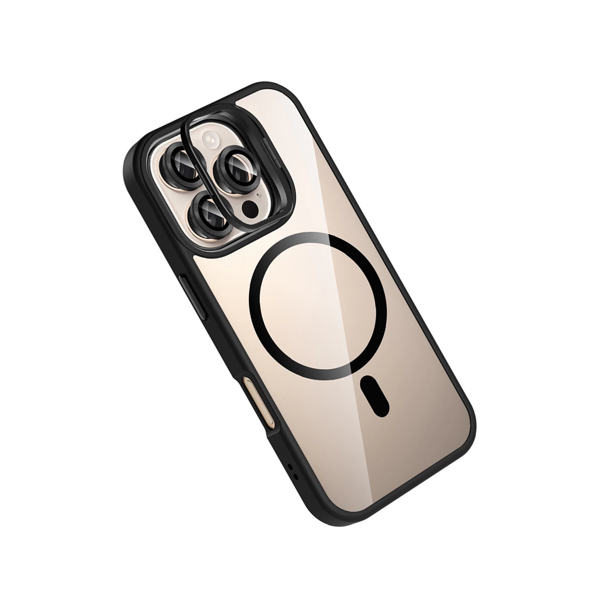 iPhone için siyah çerçeveli ve manyetik halkalı şeffaf kılıf.