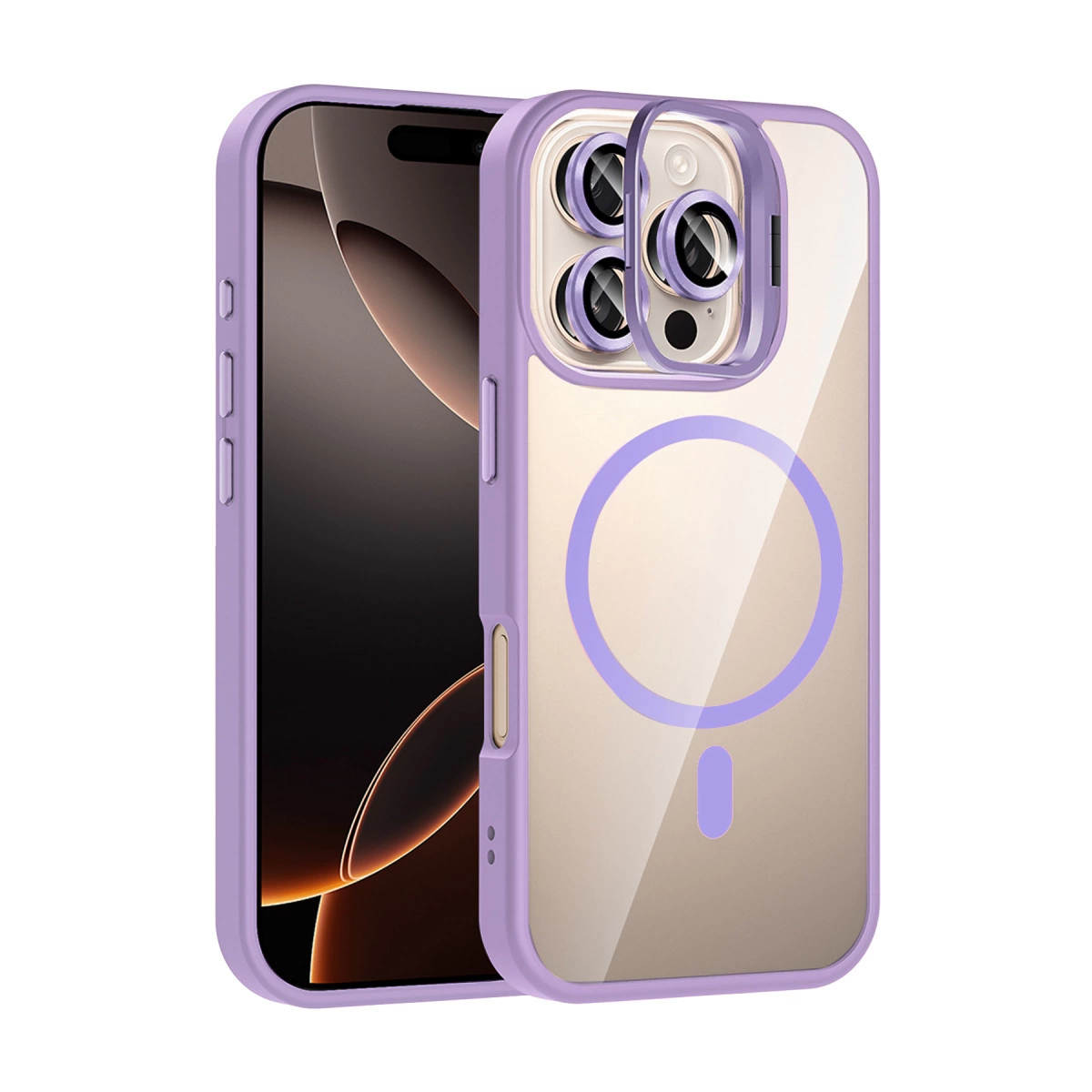 Dairesel manyetik halkalı mor iPhone ve şeffaf kılıf.
