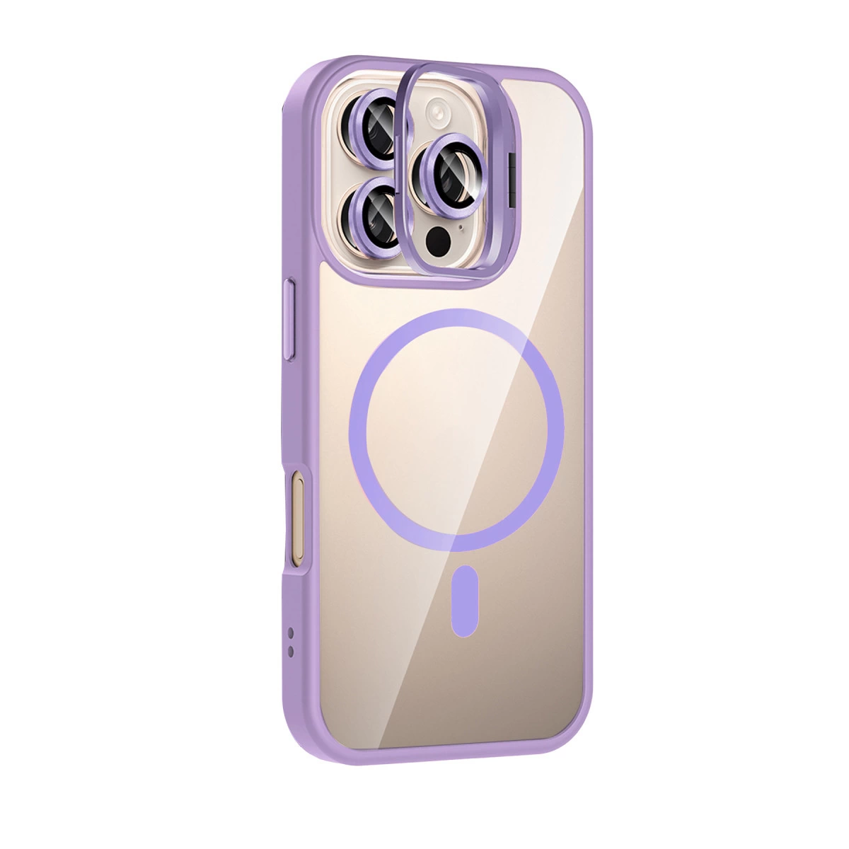 Mor iPhone kılıfı, şeffaf arka ve manyetik halkalı.