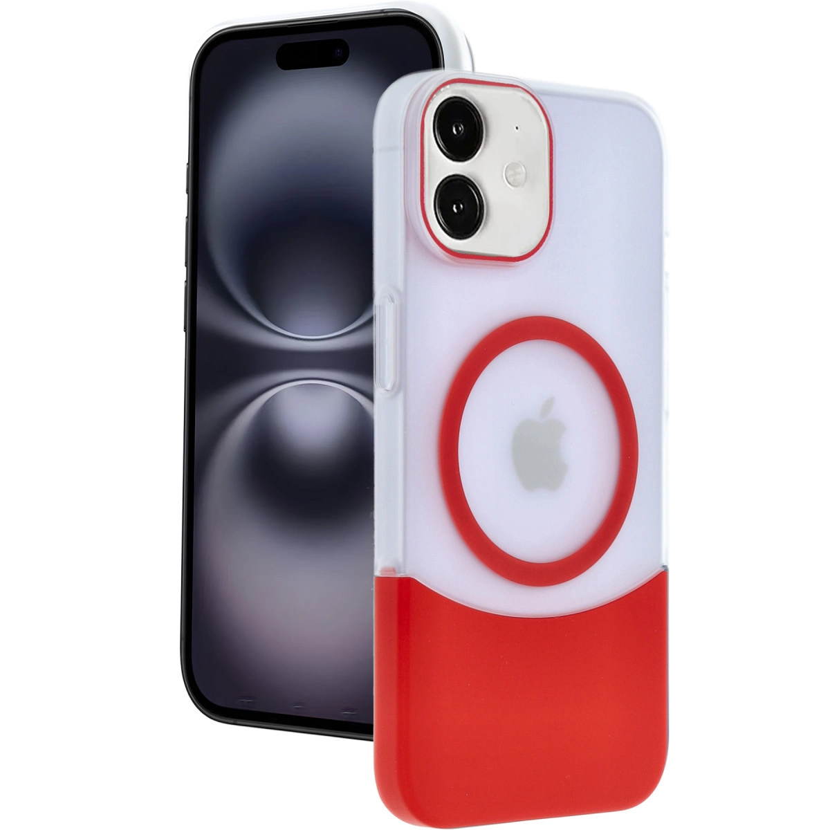 Arkada iPhone bulunan, kırmızı detaylı şeffaf telefon kılıfı.
