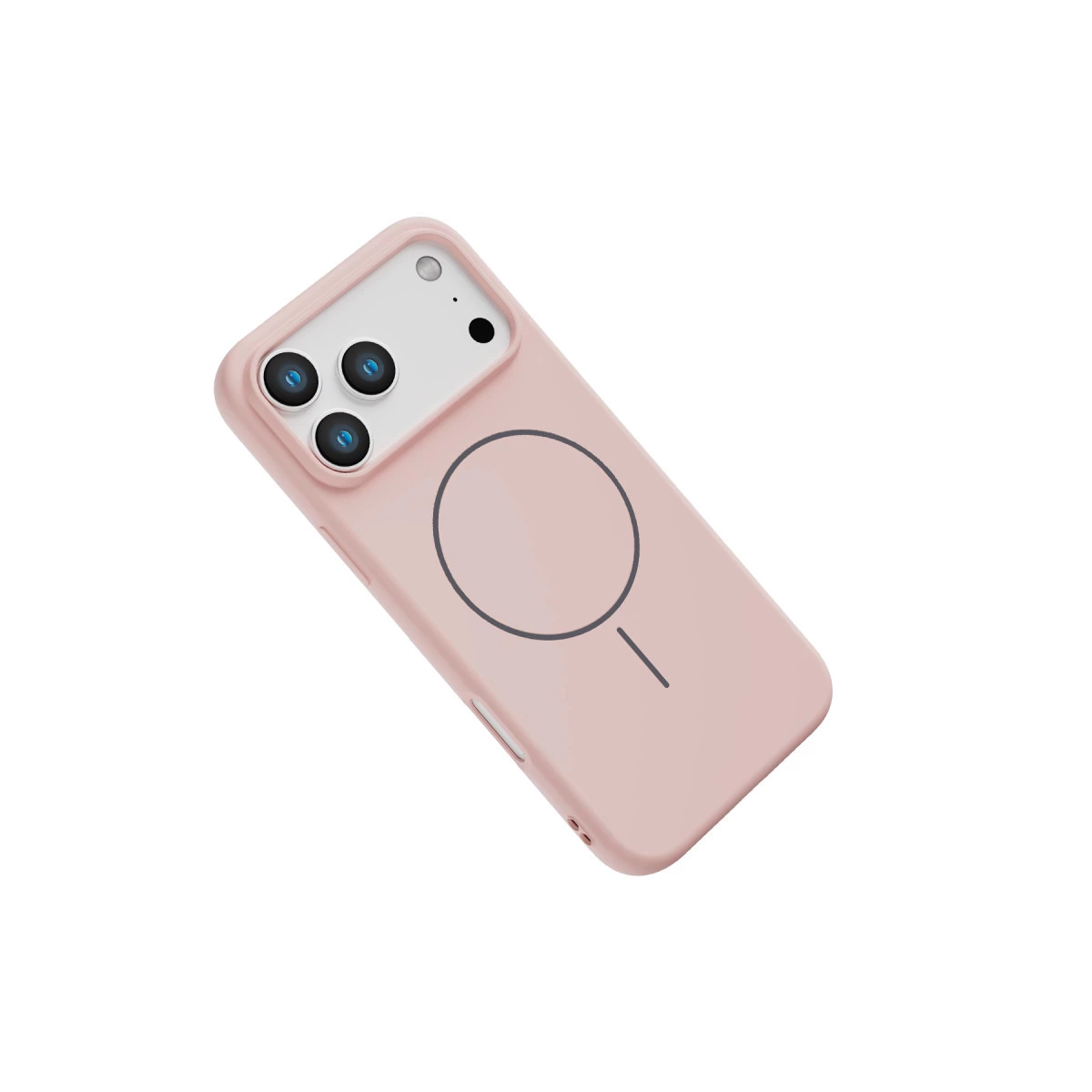 Kamera modülü ve manyetik şarj halkası olan pembe telefon kılıfı.