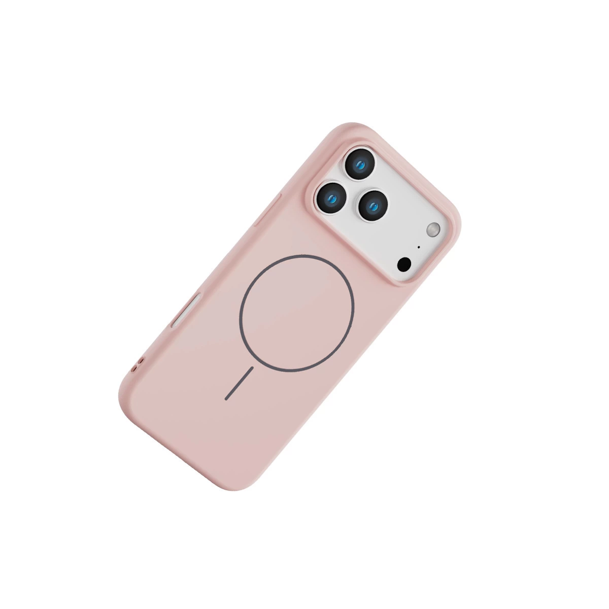 Manyetik halkalı ve üç kameralı pembe telefon kılıfı.