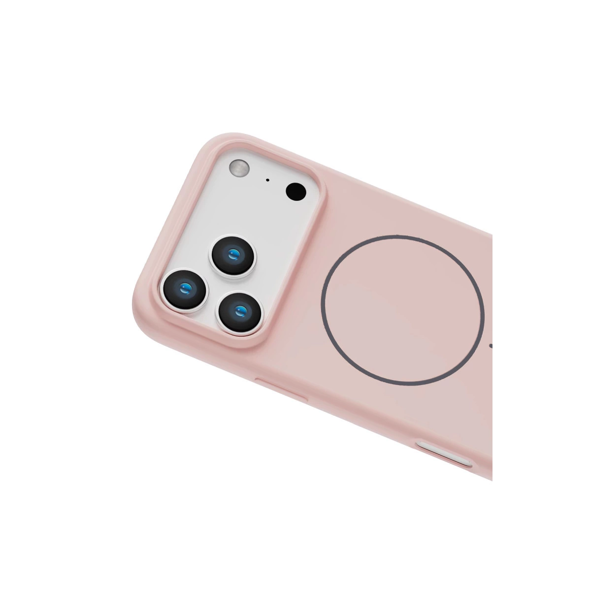 Kamera modülüne ve daire tasarımına sahip pembe telefon kılıfı.