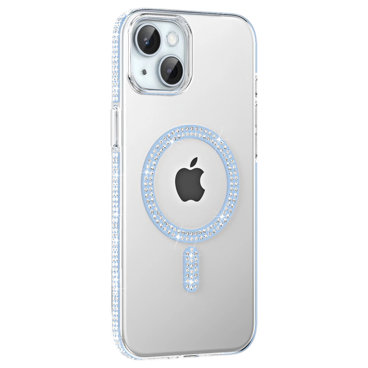 Mavi süslemeli ve taşlı şeffaf telefon kılıfı, Apple logosunu gösteriyor.