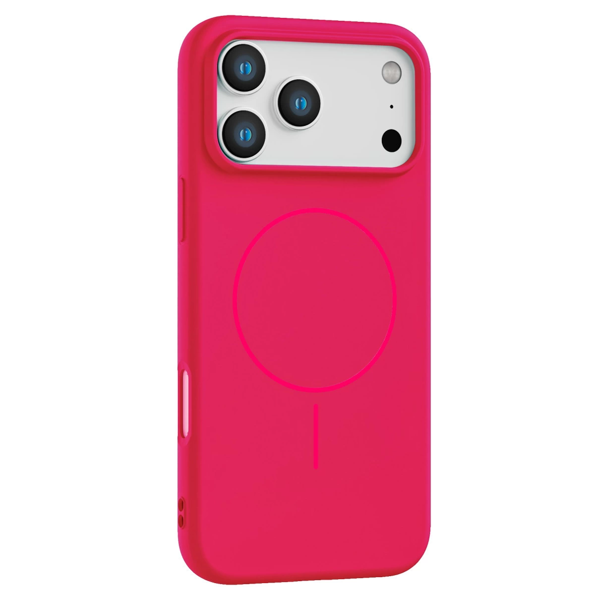 Üç kamera lensi ve dairesel tasarıma sahip pembe telefon kılıfı.