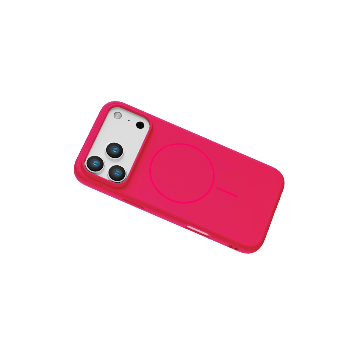 Üç kamera lensli ve dairesel manyetik halkalı pembe telefon kılıfı.