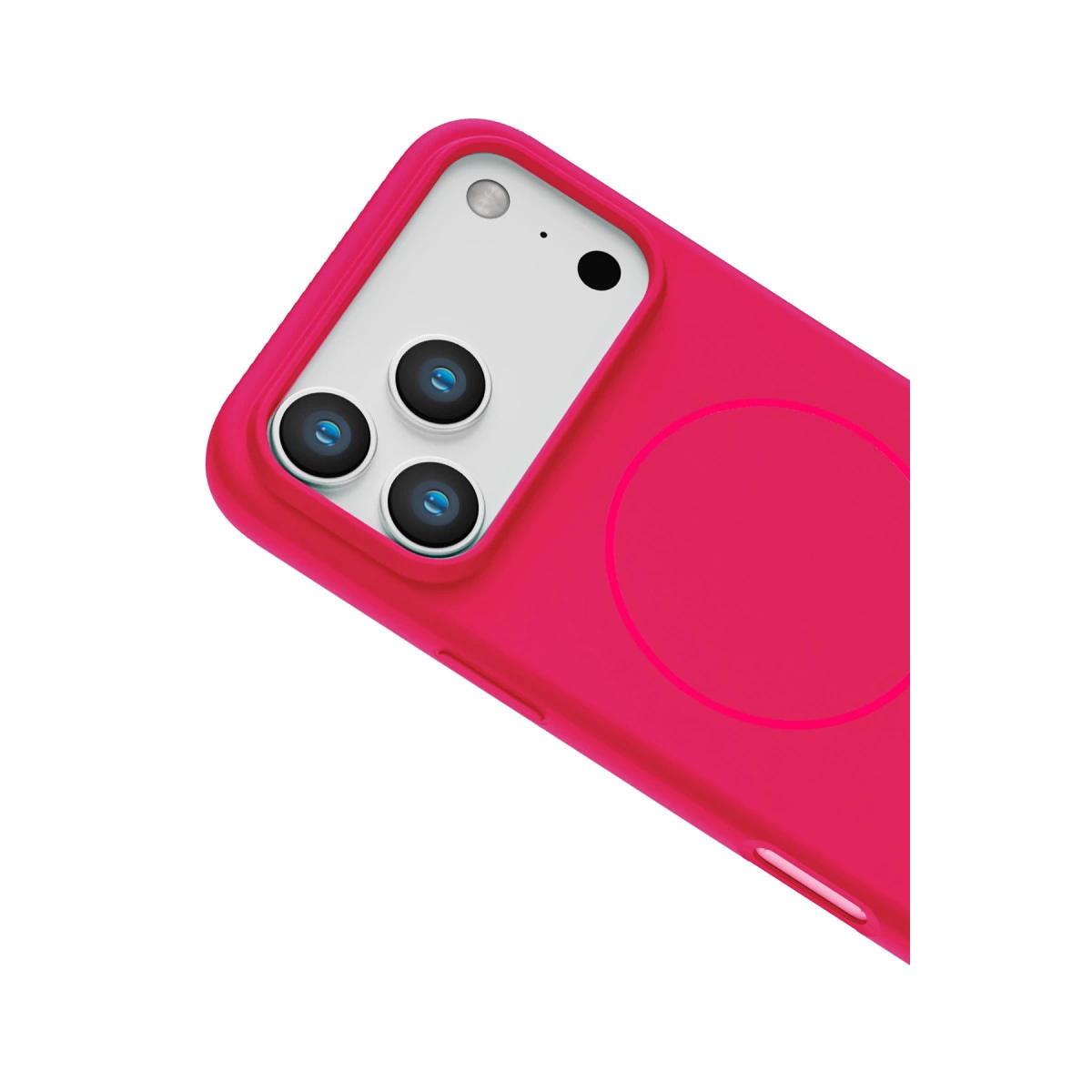 Üç kamera lensi ve flaşlı pembe telefon kılıfının yakın çekimi.