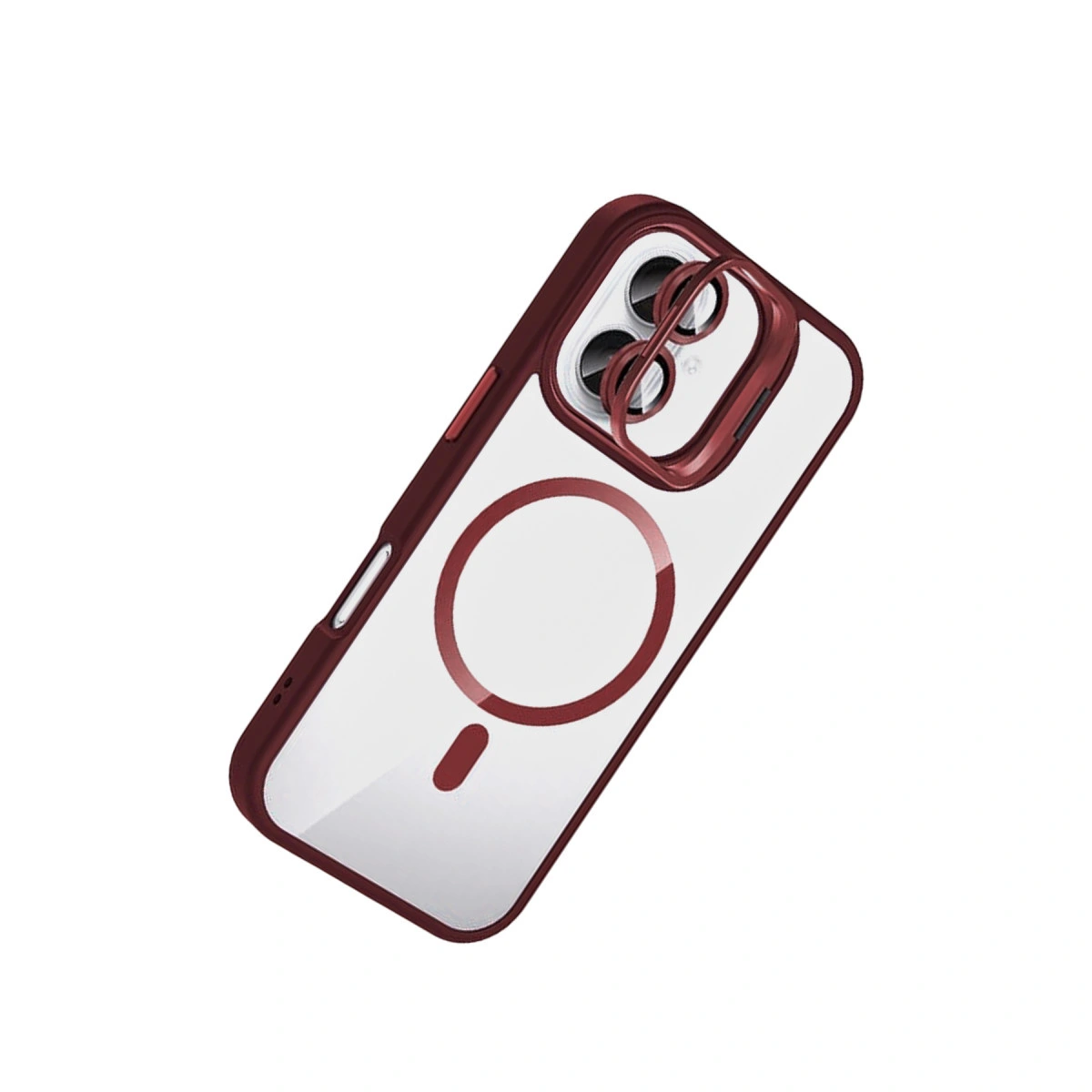 Şeffaf arka ve kamera çerçeveli koyu kırmızı iPhone kılıfı.