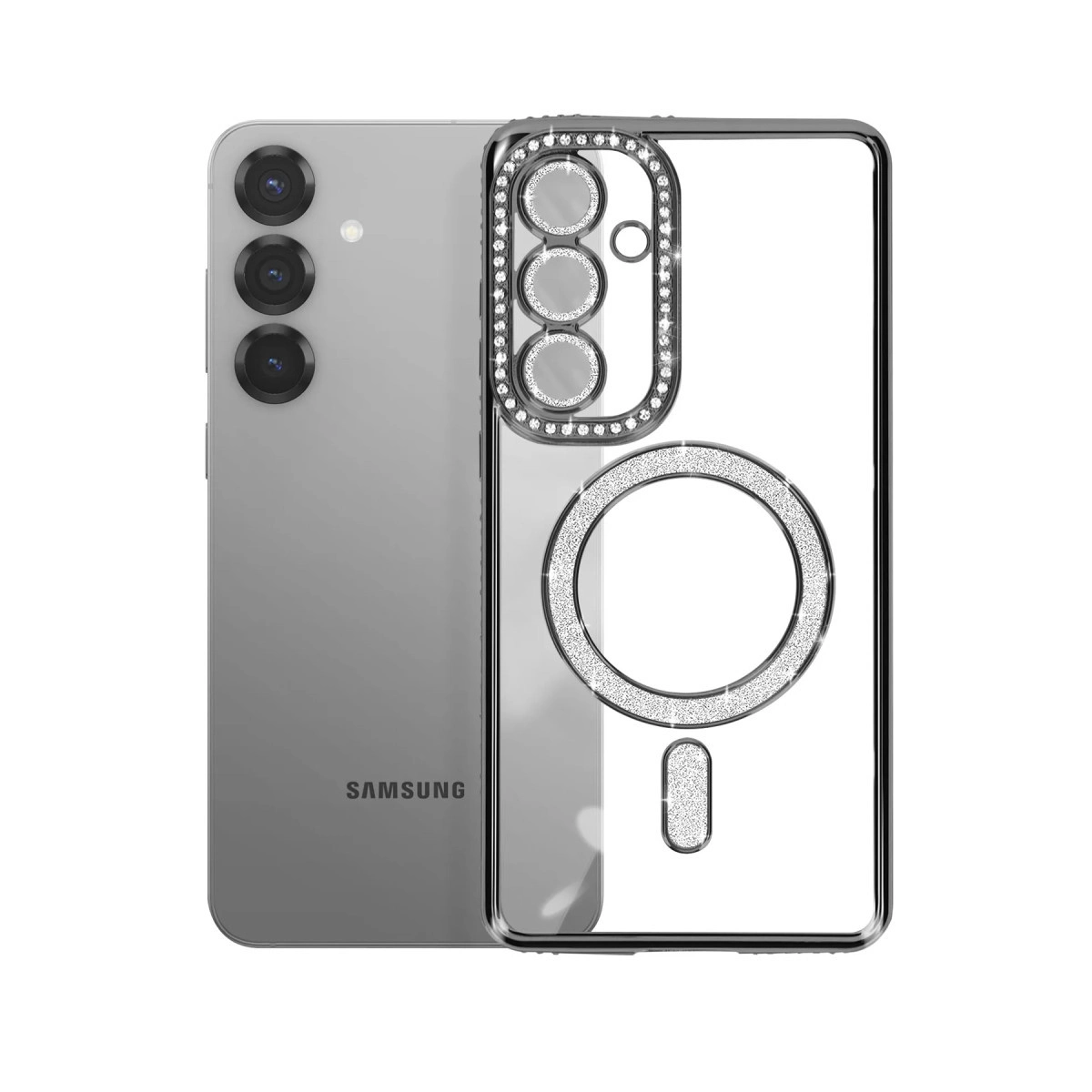 Kameranın ve bir dairenin etrafında sim bulunan şeffaf telefon kılıfı.