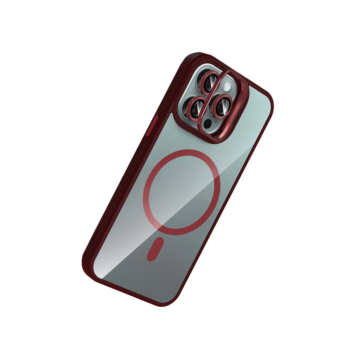 Kırmızı kenarlı ve lens korumalı şeffaf telefon kılıfı.