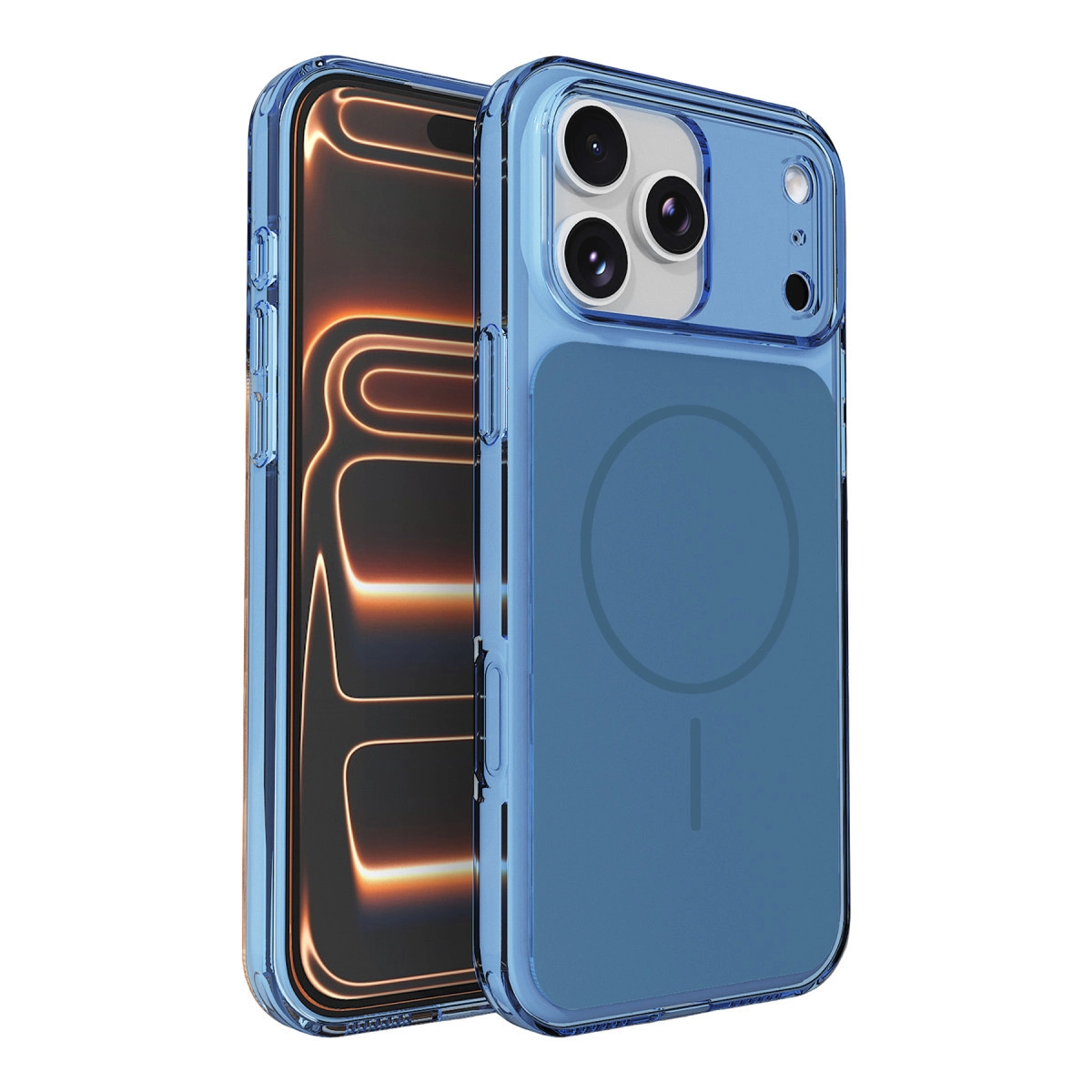 Üç kameralı ve dairesel desenli mavi iPhone kılıfı.