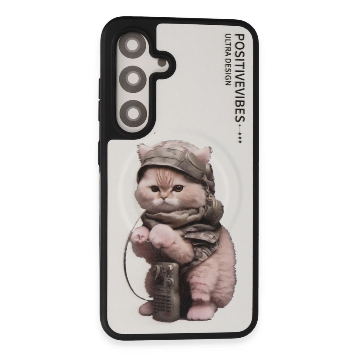 Telsiz tutan askeri kıyafetli kabarık kedi desenli telefon kılıfı.