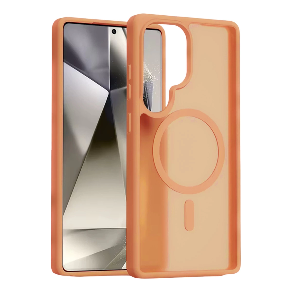 Ekran ve kamera kesikli, manyetik halkalı turuncu telefon kılıfı.