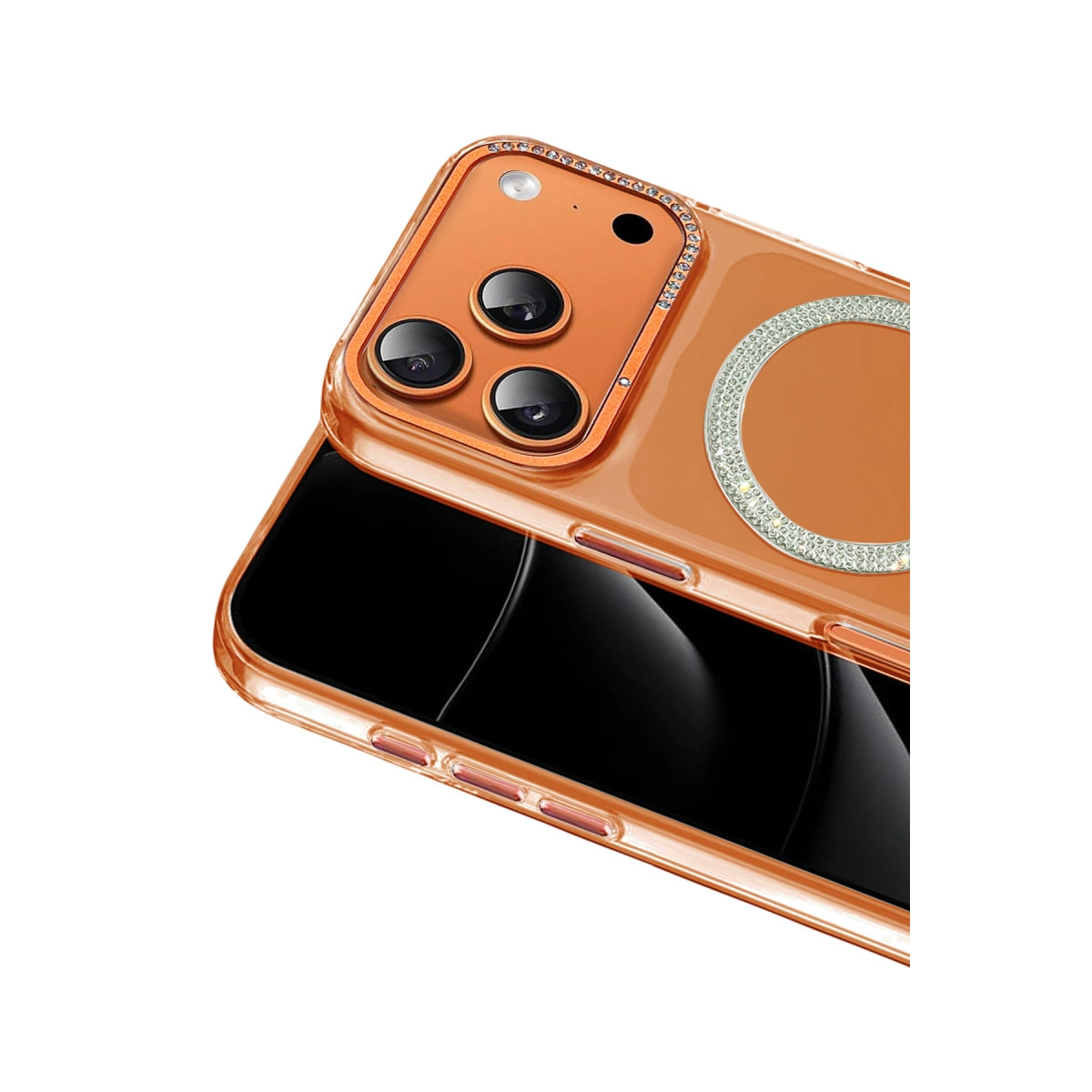 Üç kameralı turuncu telefon kılıfı ve simli halka beyaz arka plan.