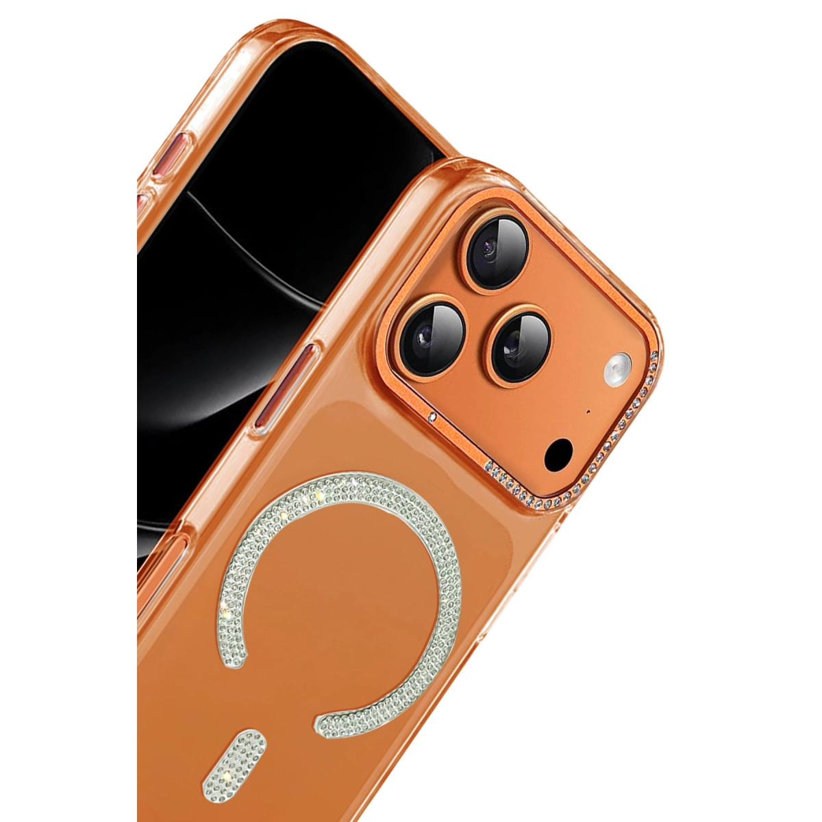 Üç kameralı, parlak taşlı turuncu telefon kılıfı.