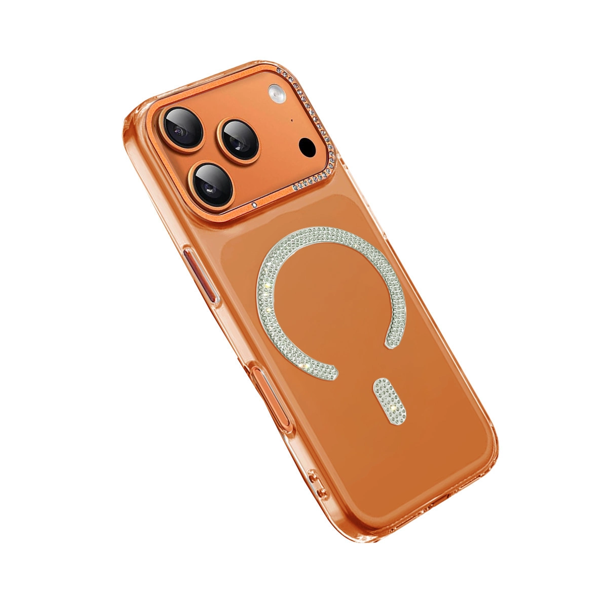 Üç kameralı turuncu telefon kılıfı ve kristal süslemeler.