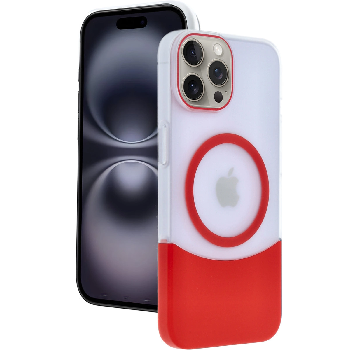 Kırmızı halkalı ve altlı şeffaf iPhone kılıfı, bir iPhone'un yanında.