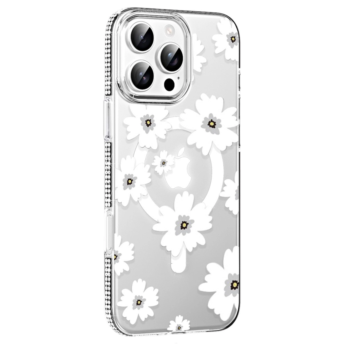 Beyaz çiçekli ve Apple logolu şeffaf iPhone kılıfı.