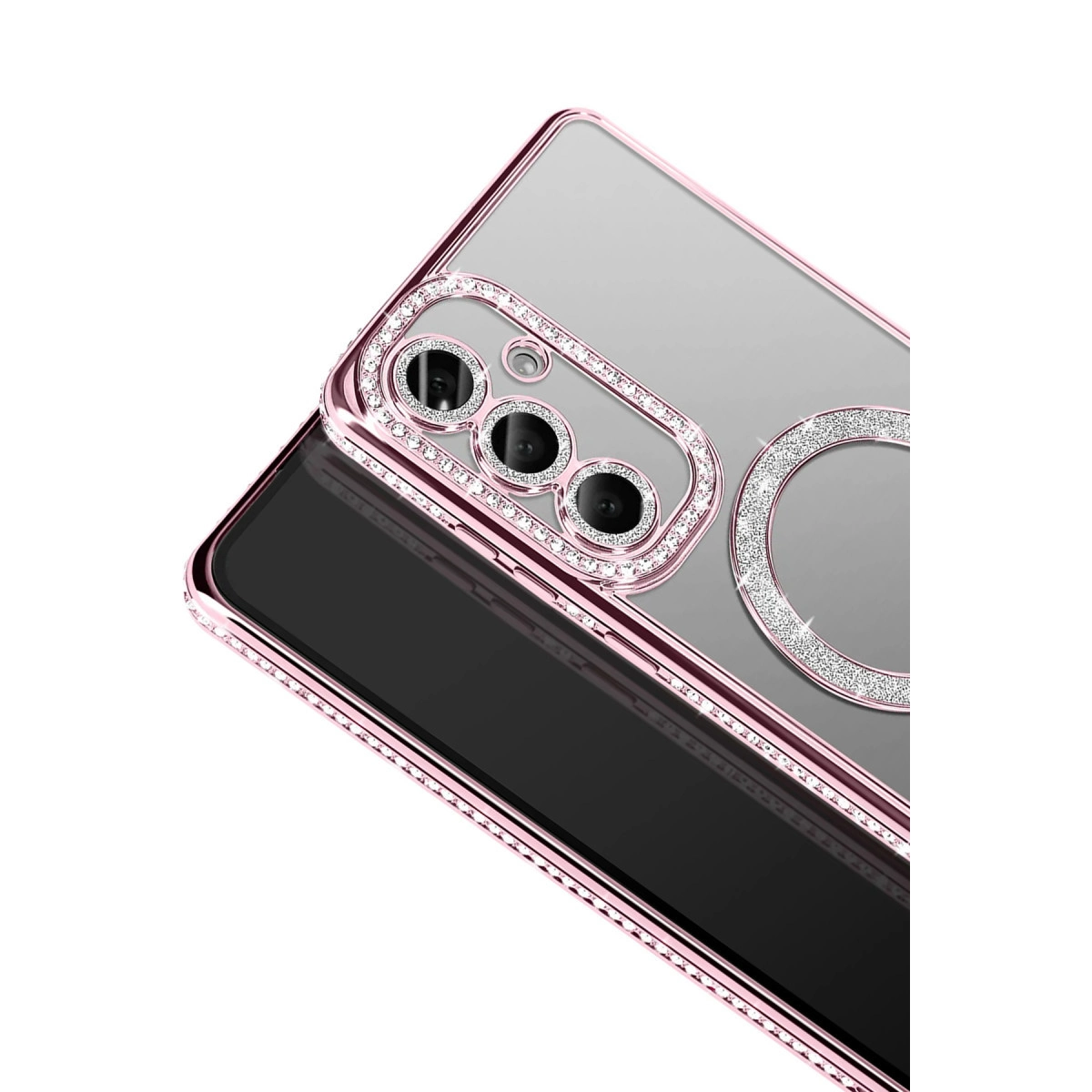 Kamara ve halka etrafında elmaslar bulunan pembe telefon kılıfı.