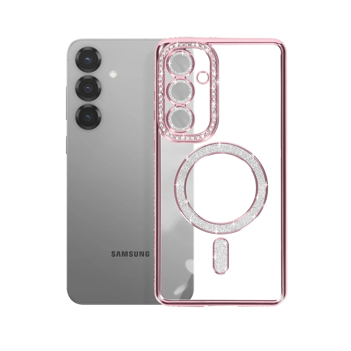 Gümüş rengi akıllı telefon, pembe kenarlı ve simli vurgulara sahip şeffaf kılıf.