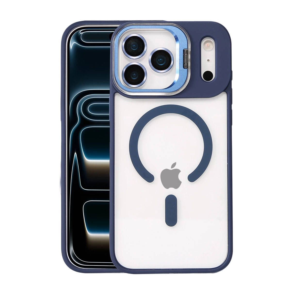 NEWFACE iPhone 17 Pro Max Uyumlu Remim Lensli Magsafe Standlı Kapak Telefon Kılıfı Lacivert