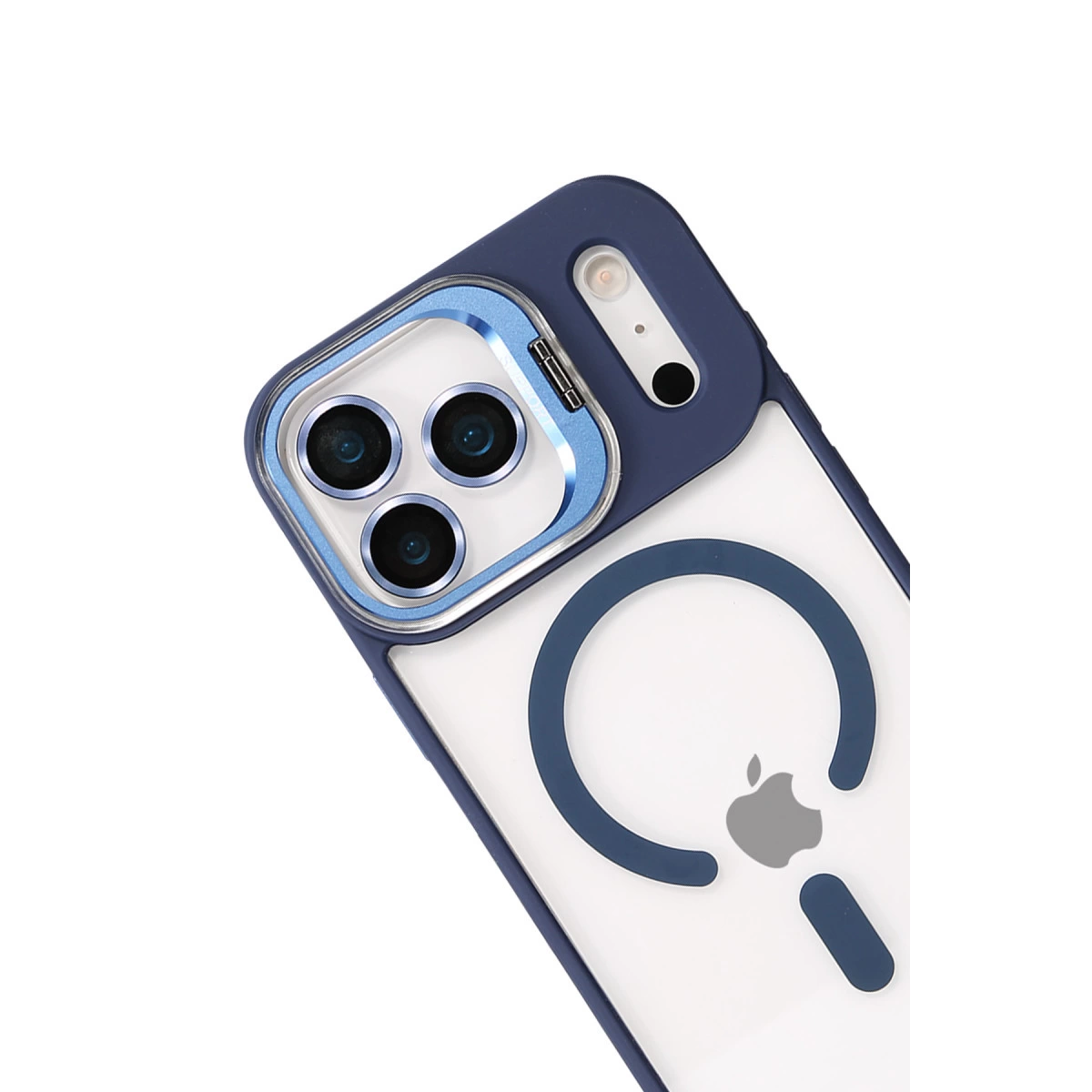 Üç kameralı, Apple logolu lacivert telefon kılıfı.