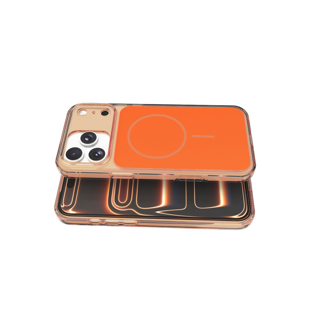 Turuncu arka ve kamera modüllü şeffaf telefon kılıfı.