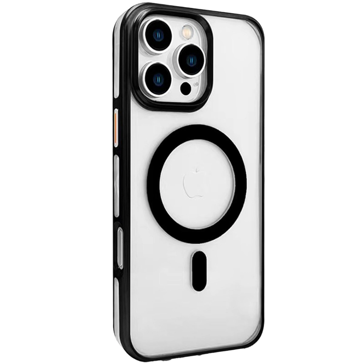 Siyah çerçeveli ve manyetik halkalı şeffaf telefon kılıfı.