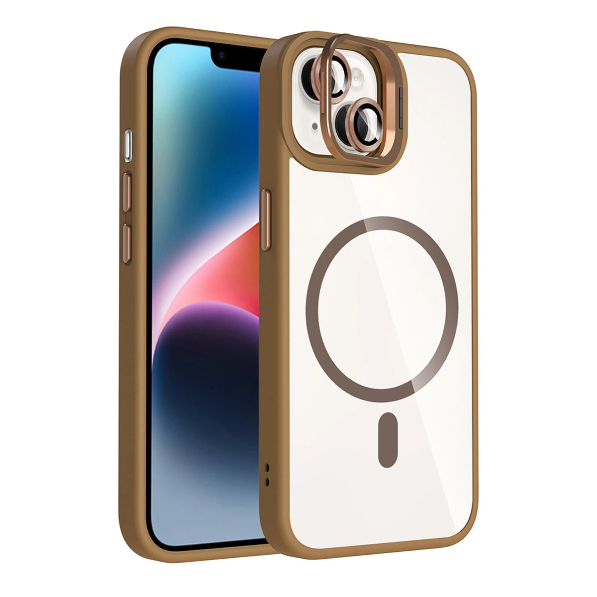 Kamera ve manyetik halka gösteren şeffaf arkalı kahverengi iPhone kılıfı.