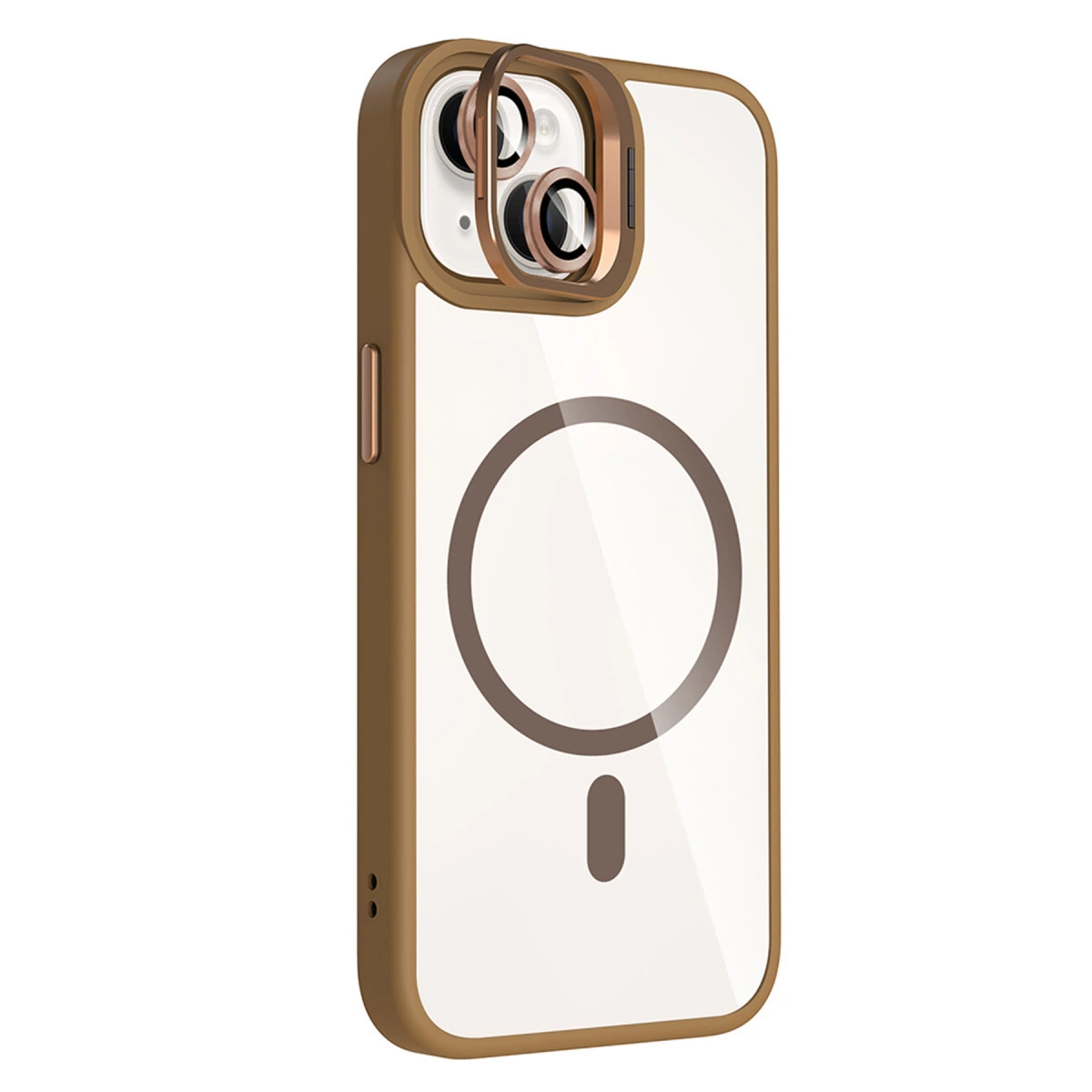 Kahverengi çerçeveli ve lens korumalı şeffaf telefon kılıfı.