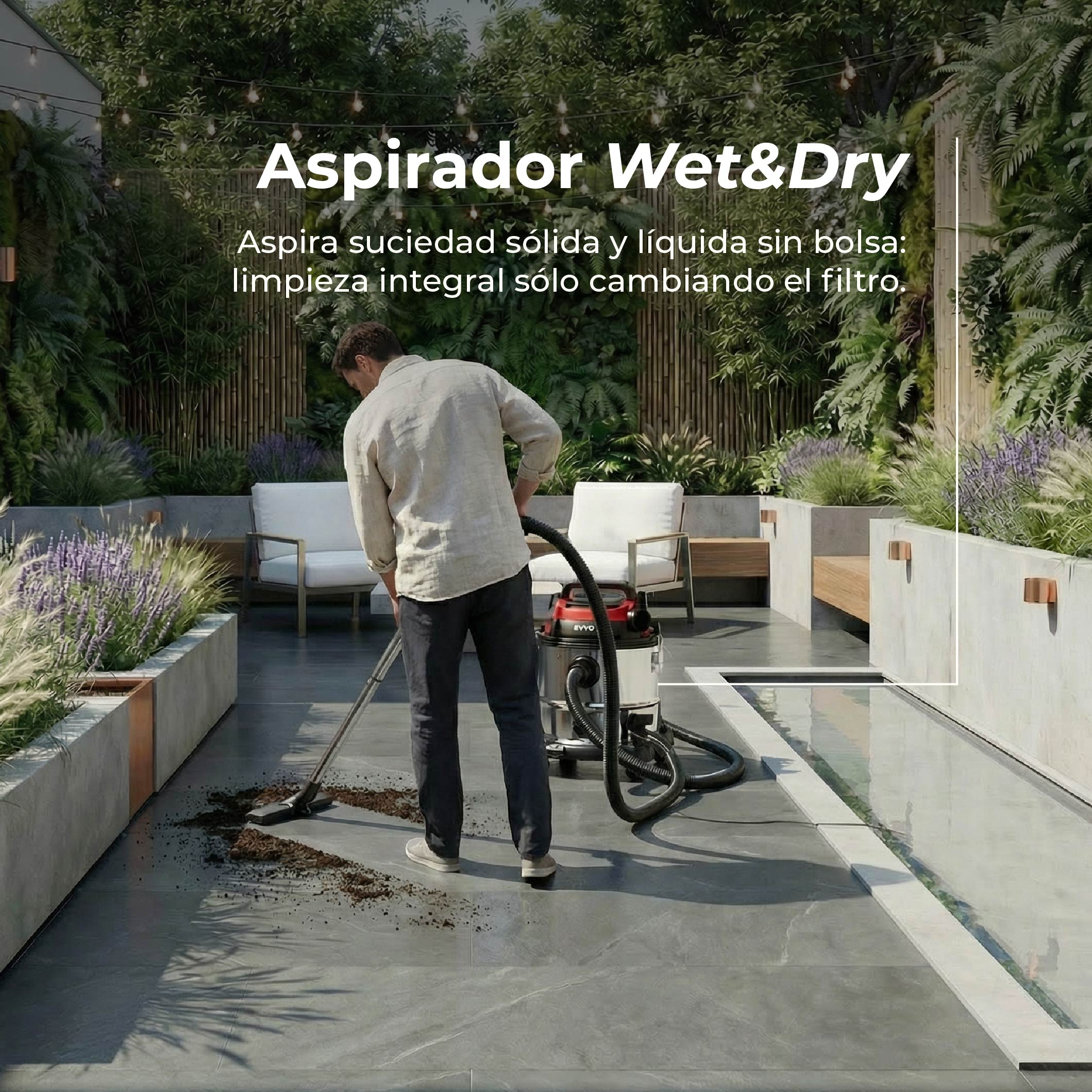 Uomo aspira sporco in giardino con aspirapolvere liquidi/solidi. Terrazza moderna con piante.