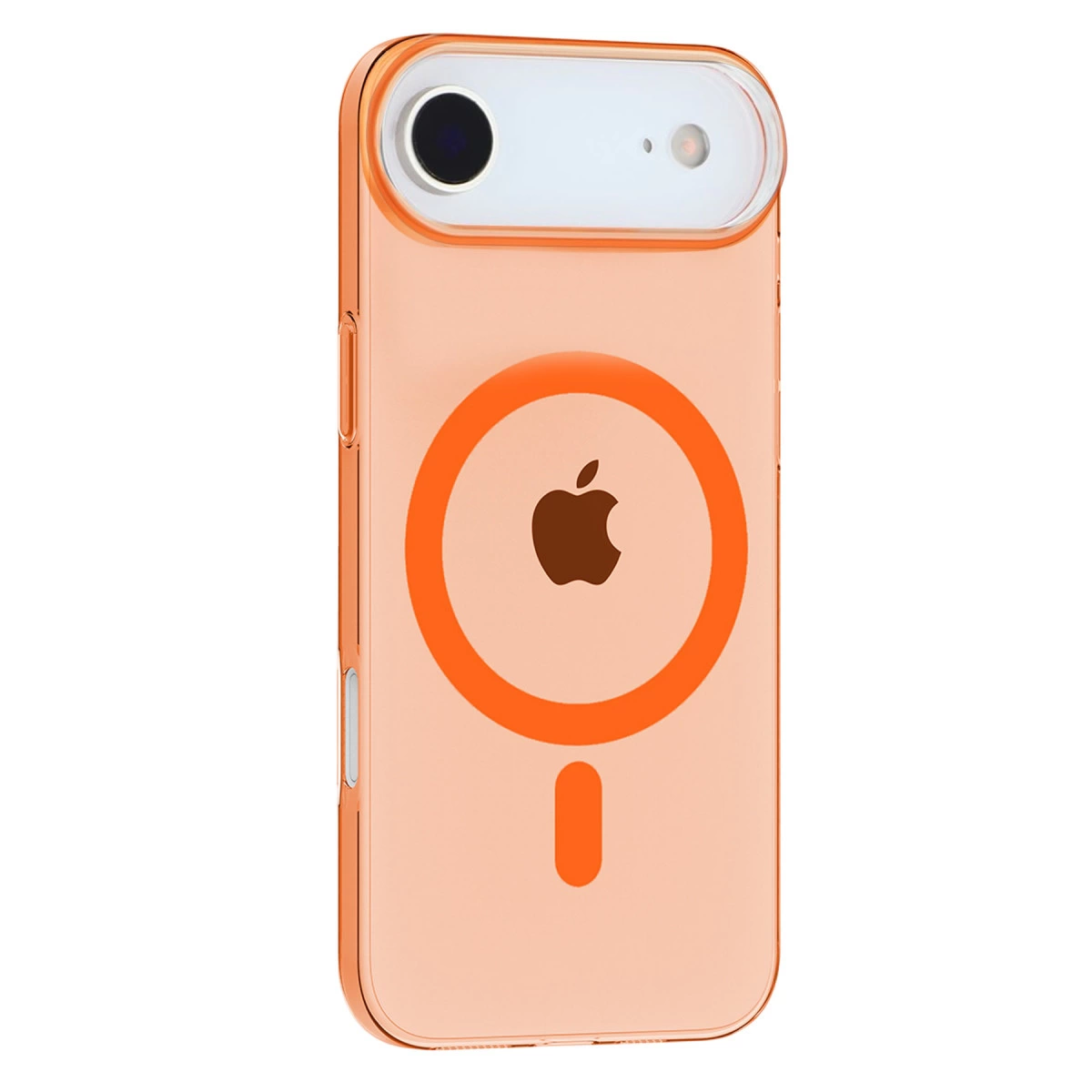 Apple logosu ve şarj dairesi olan şeffaf şeftali rengi telefon kılıfı.