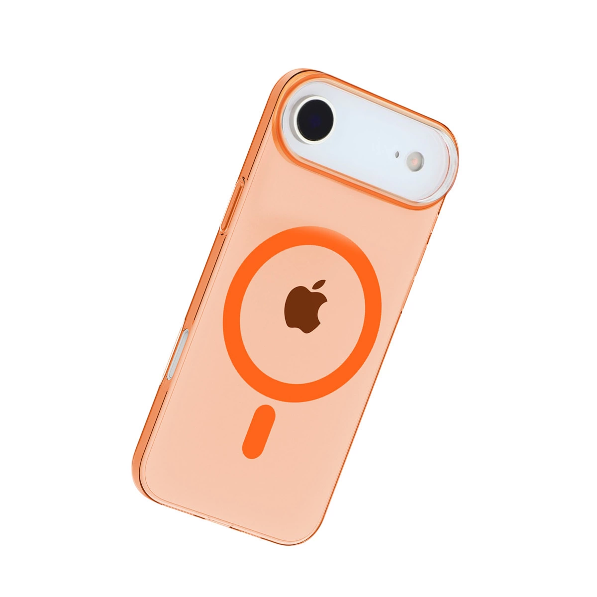 Şeffaf, şeftali renkli iPhone arkasında turuncu halka ve elma logosu bulunur.