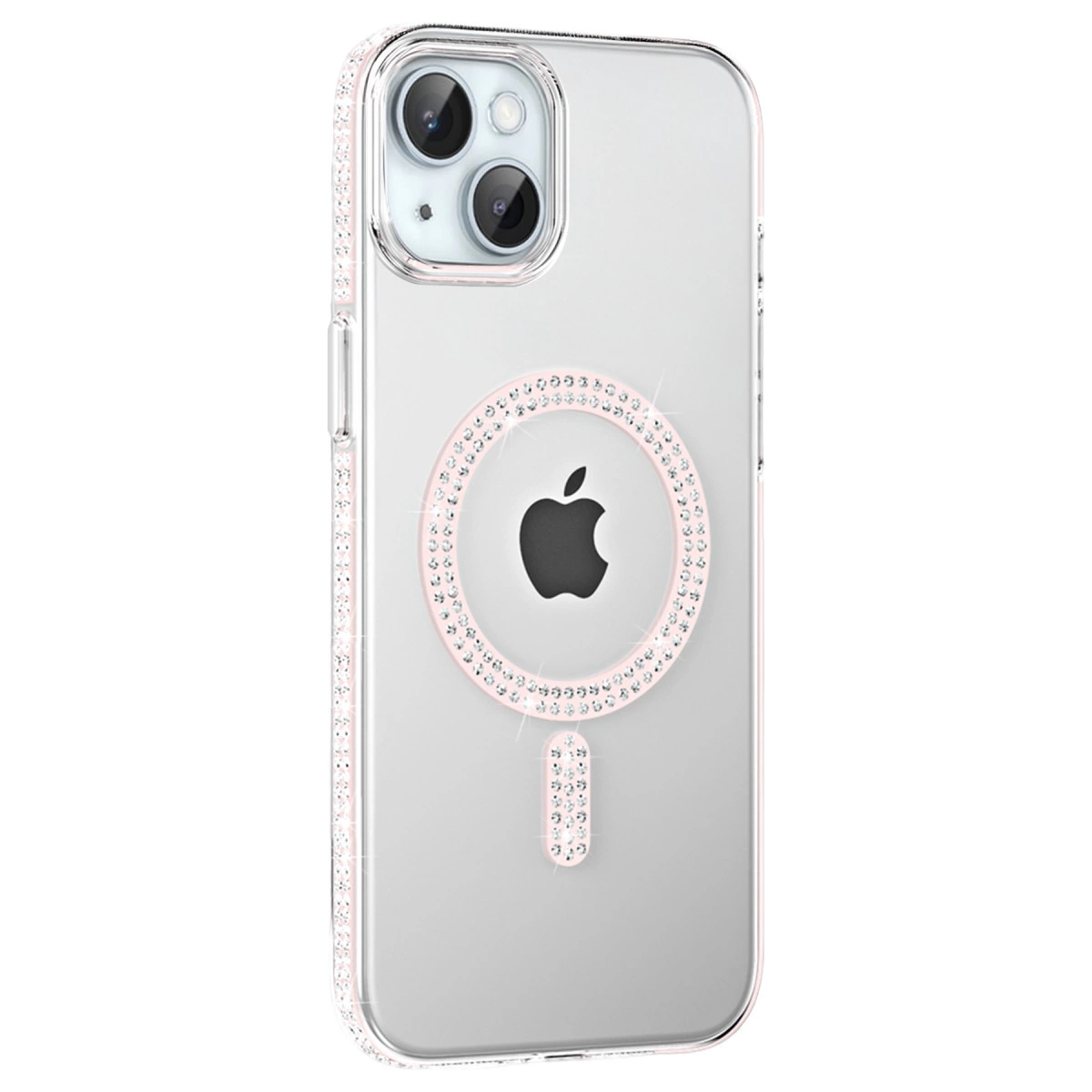 Apple logosu etrafında pembe süslemeli ve taşlı şeffaf telefon kılıfı.