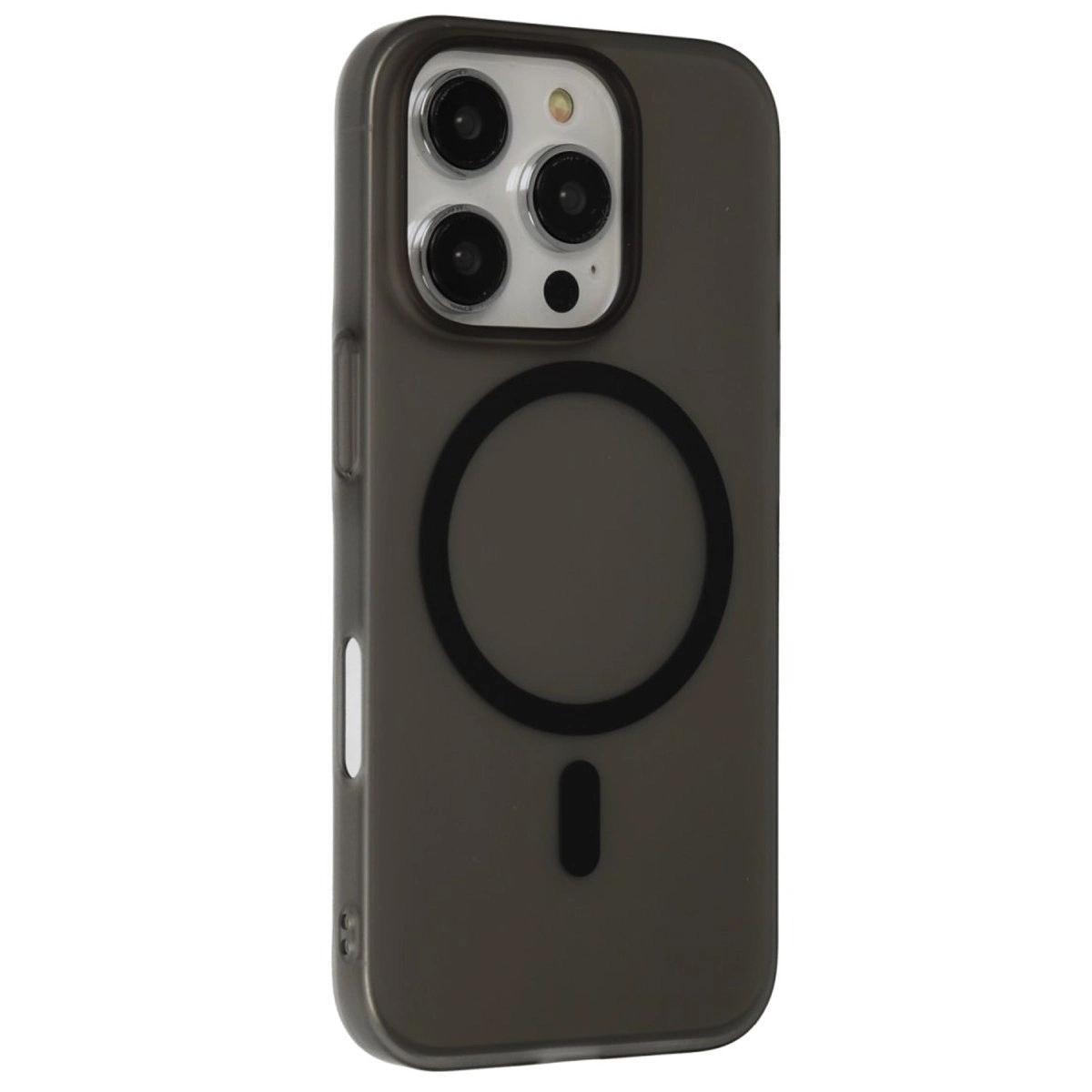 Mıknatıslı halkalı ve kamera kesimli koyu gri telefon kılıfı.