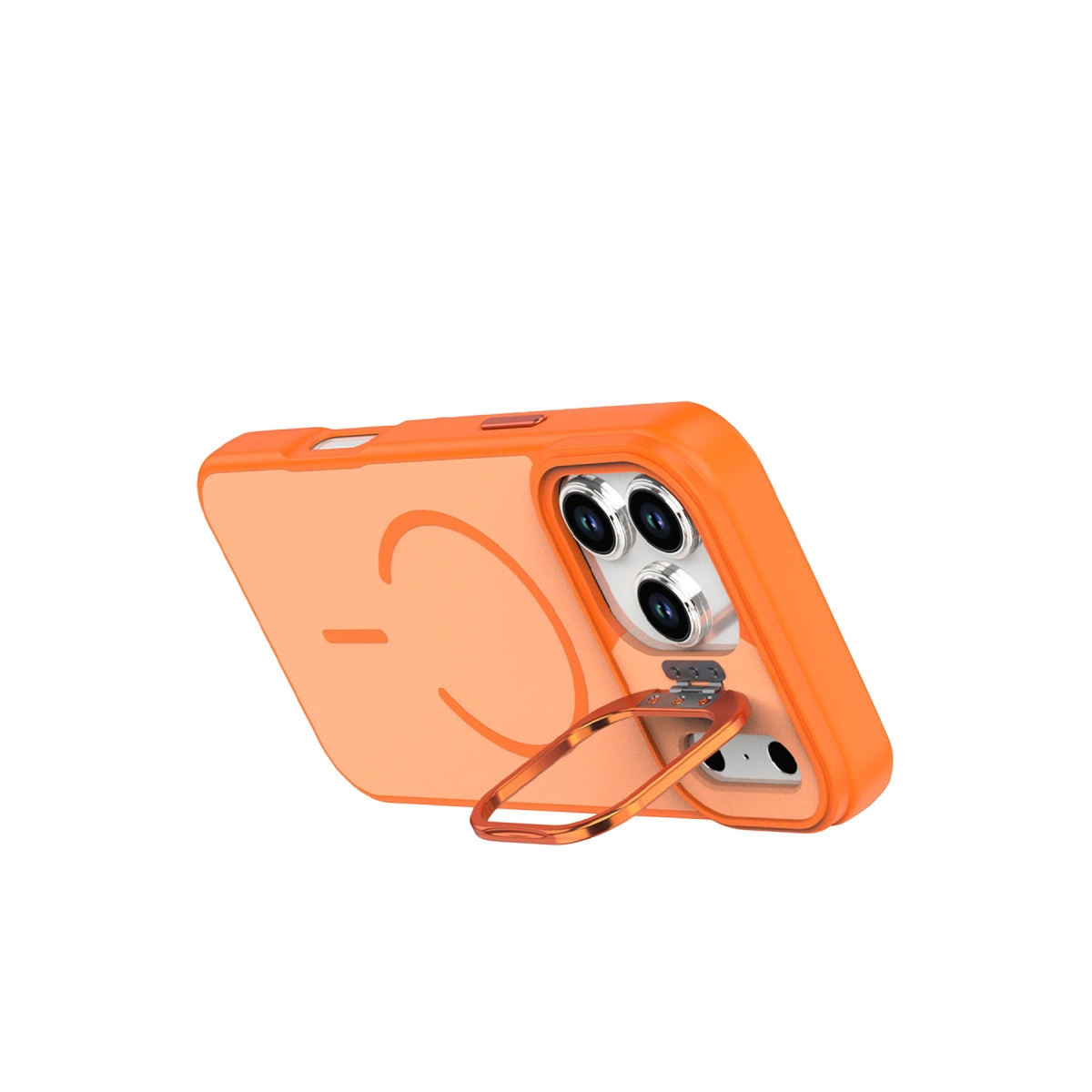 Gülümseyen yüz tasarımlı turuncu telefon kılıfı ve rose gold halka stant.