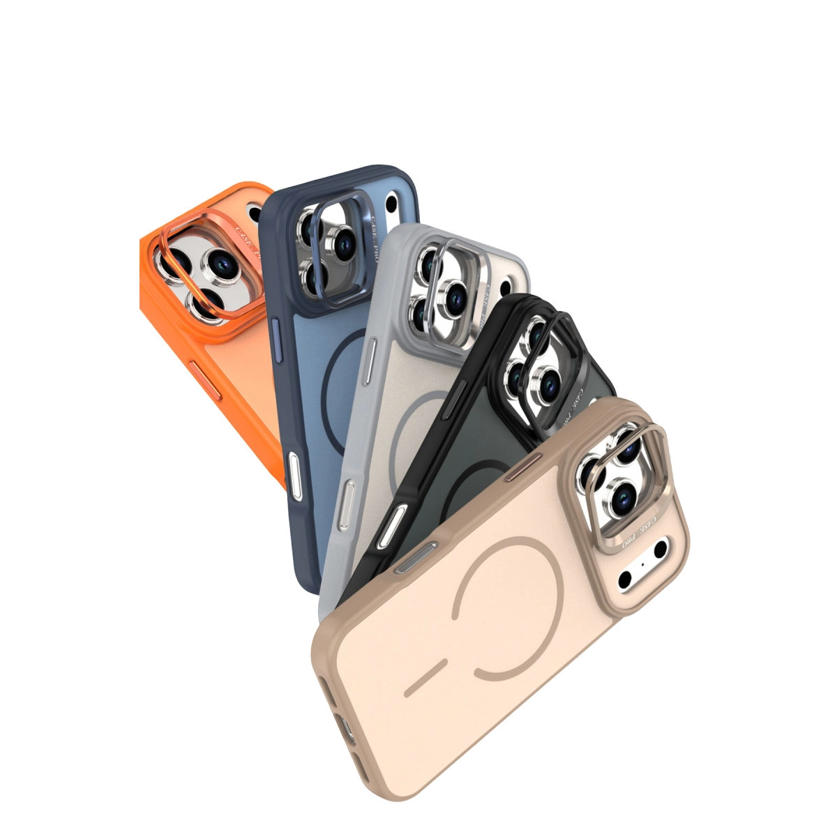 Turuncu, mavi, gri ve siyah iPhone kılıfları, kamera korumalı.